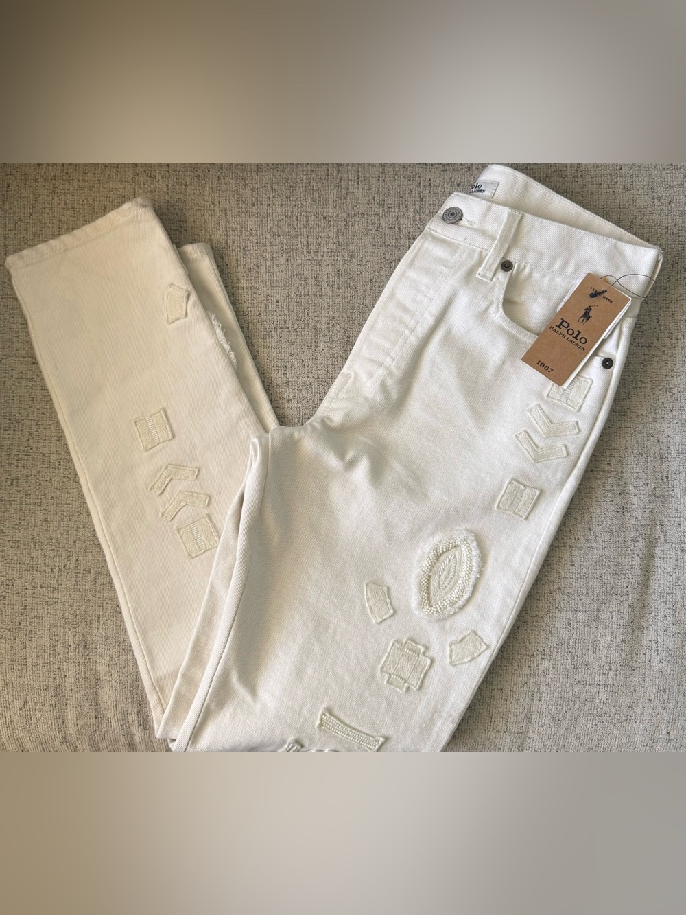 Polo Ralph Lauren Callen HR Slim Beaded Embroidered White Jeans